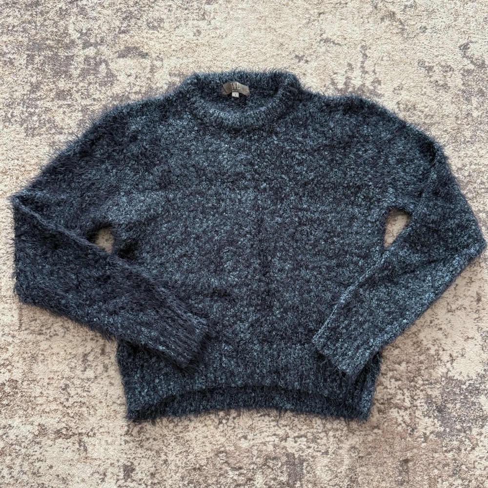 Cozy Fuzzy Knit Sweater Charcoal Grey Soft Cropped Fit Size S